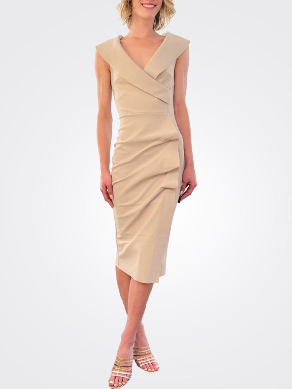Chiara Boni La Petite Robe Draped Faux Wrap Dress Pullover Cream Chevron Sz XL